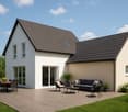 detached house, raised ground floor, large windows, front yard, patio with wooden deck, seating area, plants