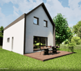 2-story modern house with white exterior, black trim, large windows, wooden deck, and surrounded by lush greenery