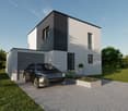 2-story modern house with a flat roof, white and black exterior, large windows, and a garage attached to the side.