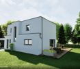 Two story house, white exterior, large windows, garage, balcony, wooden deck, patio, trees, grass.