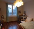 wood floor, bed, desk, chair, plants, window with curtain