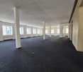 Empty room with white walls and columns, carpeted floor, multiple windows.