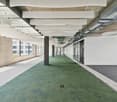 Long hallway with green carpet, concrete floor, glass windows, large pillars