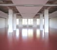 Empty room with red floor, white walls, white ceiling, large windows, white pillars, white radiators