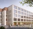 Multi-story building, glass windows, entrance with bicycles parked, garden, outdoor seating
