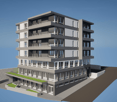 6-story apartment building with a modern, minimalist design. The building has a rectangular shape with a flat roof and large windows on each floor. The exterior is a combination of light and dark colors, with a mix of concrete and glass materials. There a