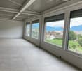 empty room, white walls, tiled floor, large windows, mountain view