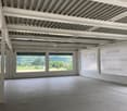 empty room, white walls, white ceiling, large windows, tiled floor, view of the outside
