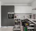 modern kitchen, white cabinets, grey drawers, integrated dishwasher, electric stove, built-in oven