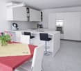 white modern kitchen with counter top seating, two stoves, dishwasher, coffee machine, cupboards, tiles