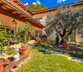 House front yard with grass, plants, and trees; outdoor seating area with glass door