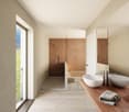 two sinks, mirror, open shower with glass door, bathtub, balcony, window with view
