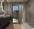 Modern minimalist bathroom, gray walls, glass shower, wooden floor, large mirror, balcony view