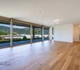 Open living space, large windows with balcony, hardwood floors, modern architecture