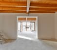 wooden ceiling, white walls, unfinished floor, open doorway with double doors, large windows, door at far end, metal ladder leaning against wall
