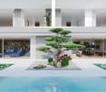 Luxurious modern house with an open floor plan, large windows, and a swimming pool. The house features a bonsai tree and other landscaping elements in the center of the living space. The living room has comfortable blue sofas, and the dining and kitchen a