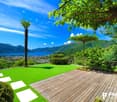 Spacious outdoor terrace with lush green lawn, wooden deck, and panoramic view of a lake surrounded by mountains. The terrace is shaded by a large tree and features a palm tree, providing a scenic and tranquil setting.