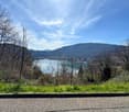 The image shows a scenic view of a lake surrounded by mountains and forests. The lake appears to be a vibrant turquoise color, contrasting with the lush green vegetation and bare trees in the foreground. The mountains in the background rise up, creating a