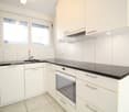 modern kitchen with white cabinets, black countertops, integrated oven and dishwasher, sink with faucet, window