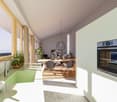 The image shows an open concept living room and kitchen area with large windows, a wooden dining table with gray chairs, a black oven, and potted plants. The space has a modern and minimalist design with a balcony or terrace visible through the windows.