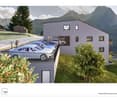 modern house, cars parked in front, garage with car inside, surrounded by greenery, mountainous background