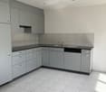 kitchen cabinets, tiled floor, countertops, sink, dishwasher, dishwasher, exhaust hood