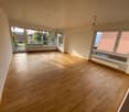 Empty room, wooden floor, glass windows, white walls, and ceiling