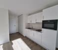modern kitchen, white cabinets, wooden floor, modern built-in oven, gas stove, sink, white refrigerator, white washing machine