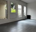 3 windows, white walls, wooden tiles, empty room