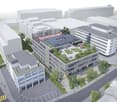 buildings, roof gardens, multiple buildings, urban setting, road, greenery, aerial perspective