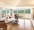large sliding windows, couch, wooden floor, table, plants, lamp