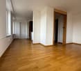 Empty room, hardwood floor, white walls, windows, doors, air conditioner