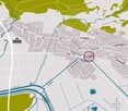 Urban map with different street names, road infrastructures, and public transport stops marked.