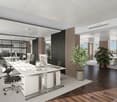 modern office with white desks, black chairs, monitors, plants, wooden floor, glass walls