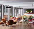 modern indoor seating area, glass windows, white beams, plants, chairs, tables, lamps, woman