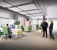 Modern office with open floor plan, green workspaces, office desks, plants, a yellow ball, and large windows