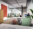 modern office layout with desks, large windows, staircase, wooden partition, office plants, and chairs