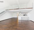 Modern empty room, large glass balustrade, wooden flooring, kitchen with bar stools