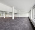 large open space, carpet flooring, tall windows, white walls, pillars