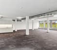 empty room, kitchen area, large windows, recessed lighting