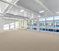 large carpeted room, white walls, white exposed beams, several large windows, ceiling lights