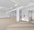Wide open space, white walls, glass doors, metal railings, open elevator, beige carpet