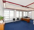a desk, chairs, plant, windows, carpet, monitor, keyboard, mouse