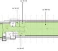 A rectangular floor plan with various rooms including a large central space, two smaller rooms, a bathroom, and a kitchen
