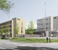 Two office buildings, modern design, glass windows, parking lot, street, trees, people walking