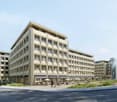 Modern office building with multiple floors, beige exterior, glass windows, awnings, outdoor seating, and landscaping in front, people walking and using umbrellas, parking lot.