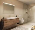 Modern bathroom with white tiles, wooden vanity, walk-in shower, large mirror, white toilet, towel rack