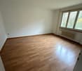 empty room, wooden floor, white walls, large window, radiator
