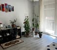 wooden floor, white walls, large windows, chandelier, furniture, plants, radiator, rug, bed