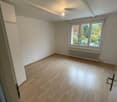 Empty room with wooden floor, white walls, white ceiling, radiator, power outlet, window with view